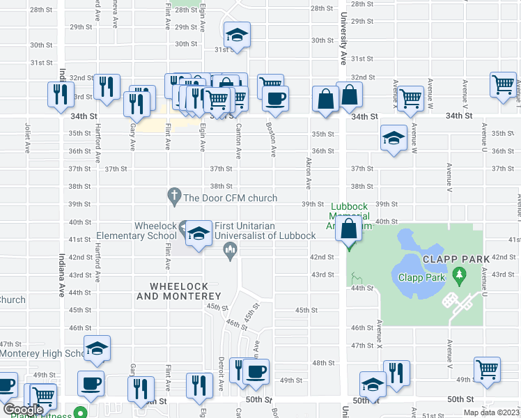 map of restaurants, bars, coffee shops, grocery stores, and more near 2707 39th Street in Lubbock