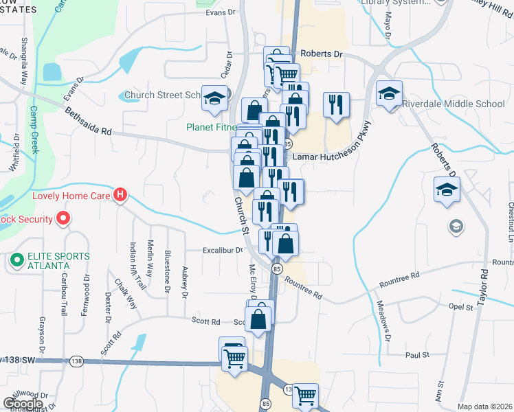 map of restaurants, bars, coffee shops, grocery stores, and more near 7227 Highway 85 in Riverdale