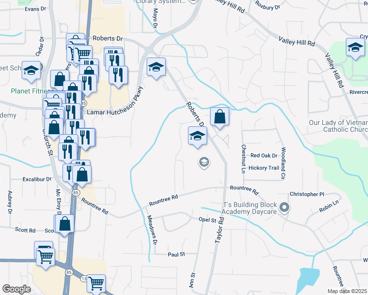 map of restaurants, bars, coffee shops, grocery stores, and more near 7190 Williamsburg Drive in Riverdale