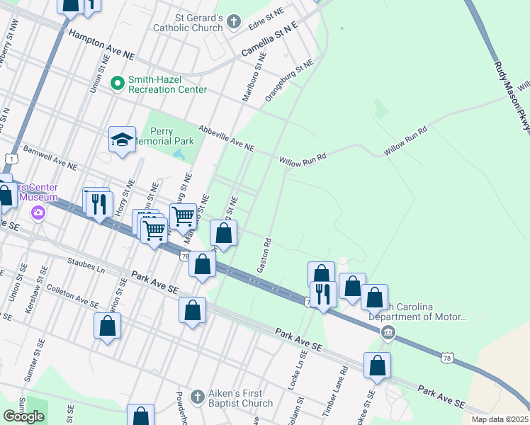 map of restaurants, bars, coffee shops, grocery stores, and more near 222 Beaufort Street Northeast in Aiken