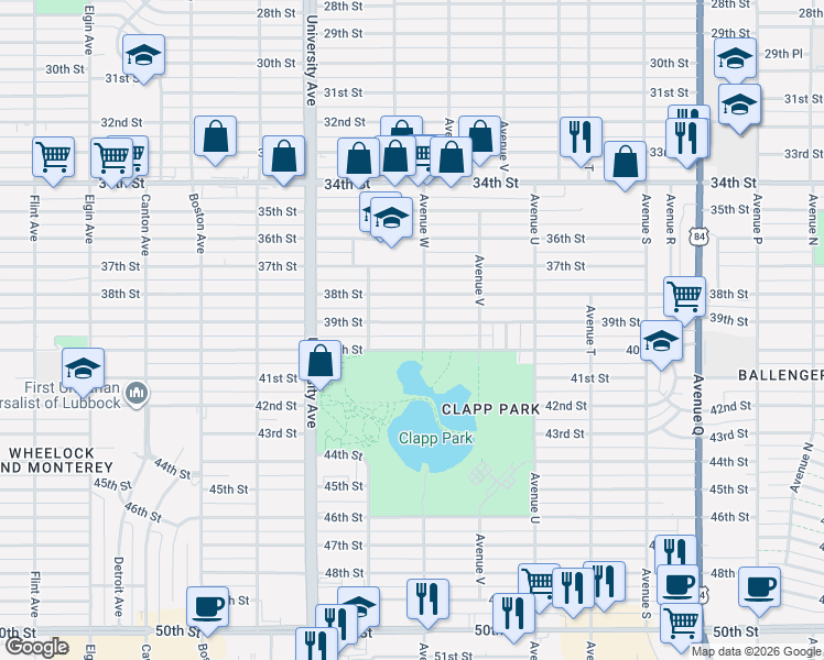 map of restaurants, bars, coffee shops, grocery stores, and more near 2304 40th Street in Lubbock