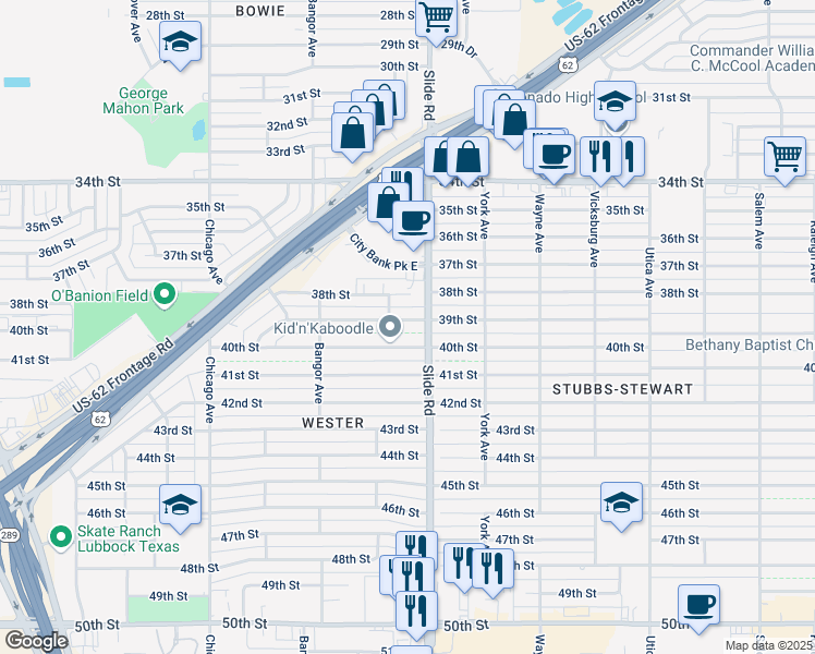 map of restaurants, bars, coffee shops, grocery stores, and more near 5207 39th Street in Lubbock