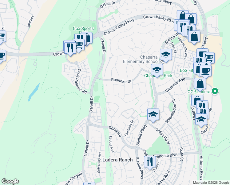 map of restaurants, bars, coffee shops, grocery stores, and more near 22 Kingsway Drive in Mission Viejo