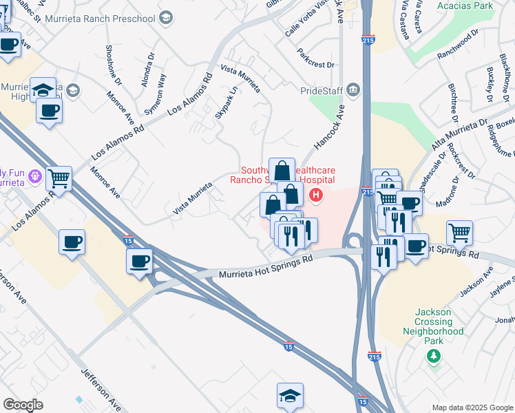 map of restaurants, bars, coffee shops, grocery stores, and more near 40680 Walsh Center Drive in Murrieta