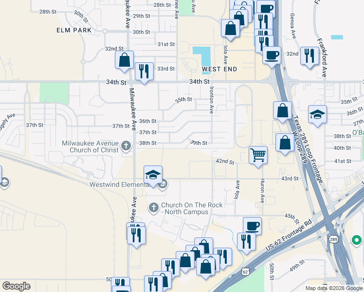map of restaurants, bars, coffee shops, grocery stores, and more near 6143 38th St in Lubbock