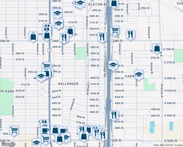 map of restaurants, bars, coffee shops, grocery stores, and more near 1110 40th Street in Lubbock