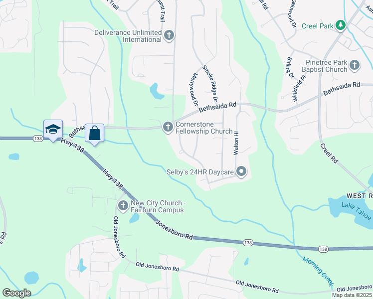 map of restaurants, bars, coffee shops, grocery stores, and more near 7270 Connell Road in Fairburn