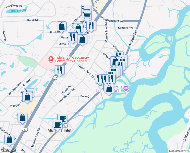 map of restaurants, bars, coffee shops, grocery stores, and more near 4055 Ruth Street in Murrells Inlet