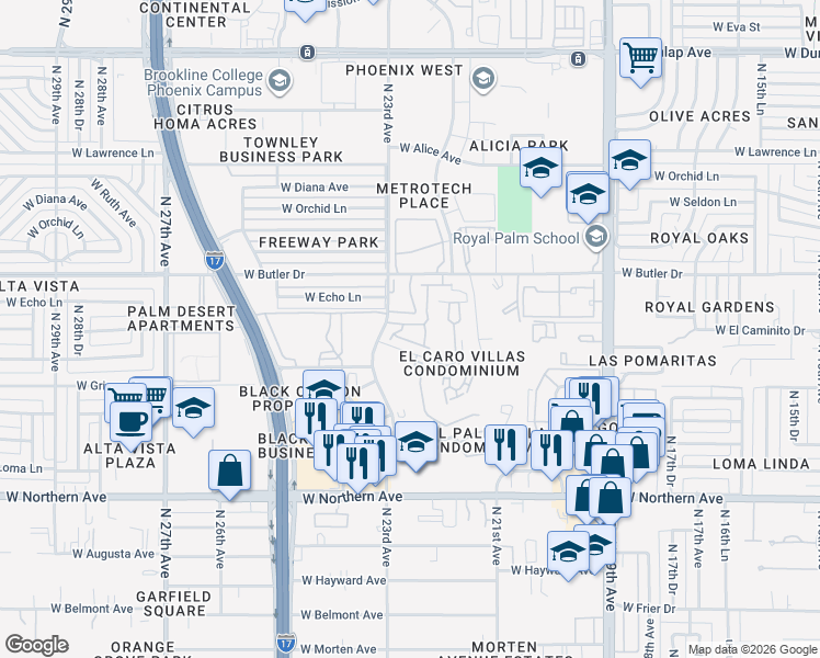 map of restaurants, bars, coffee shops, grocery stores, and more near 2218-2298 W El Caminito Dr in Phoenix