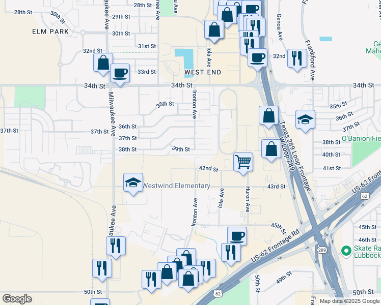map of restaurants, bars, coffee shops, grocery stores, and more near 6131 39th Street in Lubbock