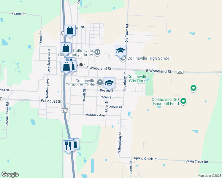 map of restaurants, bars, coffee shops, grocery stores, and more near 500 Reeves Street in Collinsville