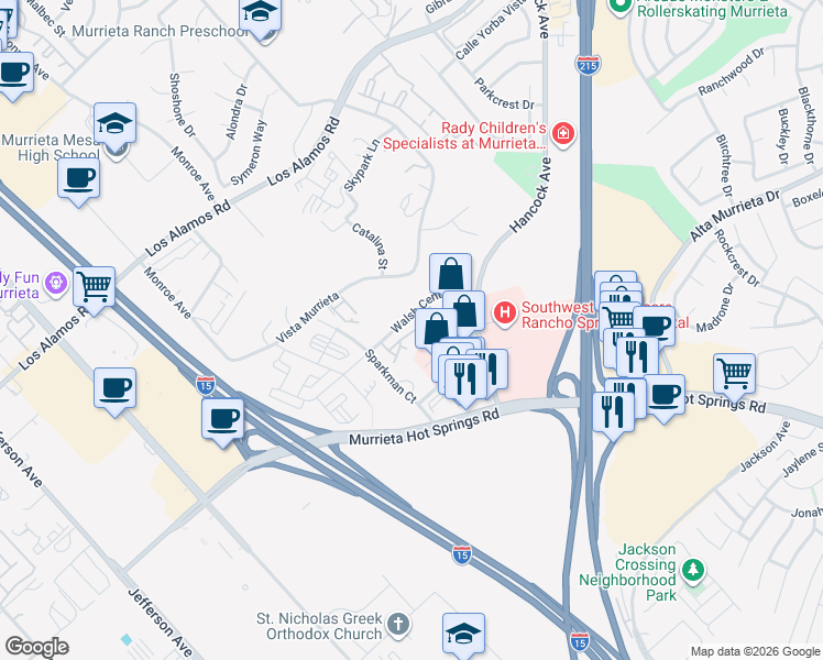 map of restaurants, bars, coffee shops, grocery stores, and more near 40680 Walsh Center Drive in Murrieta