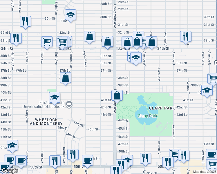 map of restaurants, bars, coffee shops, grocery stores, and more near 2506 40th Street in Lubbock