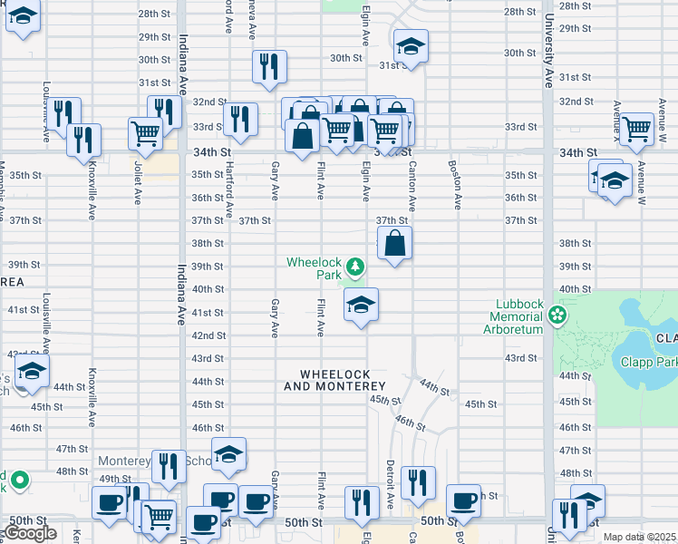 map of restaurants, bars, coffee shops, grocery stores, and more near 3000 40th Street in Lubbock