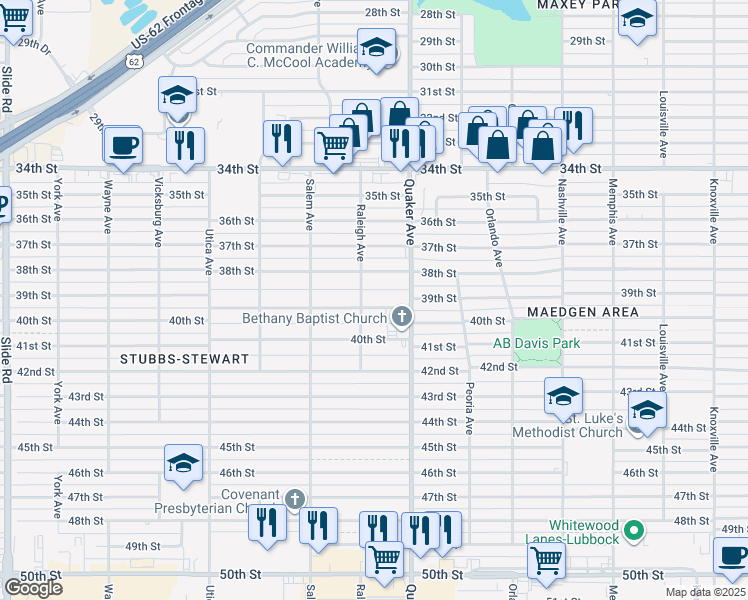 map of restaurants, bars, coffee shops, grocery stores, and more near 4421 39th Street in Lubbock