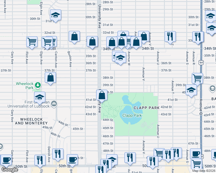 map of restaurants, bars, coffee shops, grocery stores, and more near 2412 40th St in Lubbock