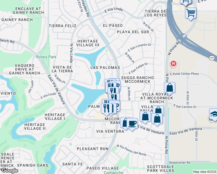 map of restaurants, bars, coffee shops, grocery stores, and more near 8300 North Hayden Road in Scottsdale