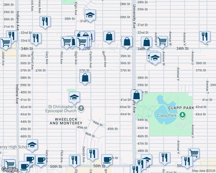 map of restaurants, bars, coffee shops, grocery stores, and more near 2617 39th Street in Lubbock