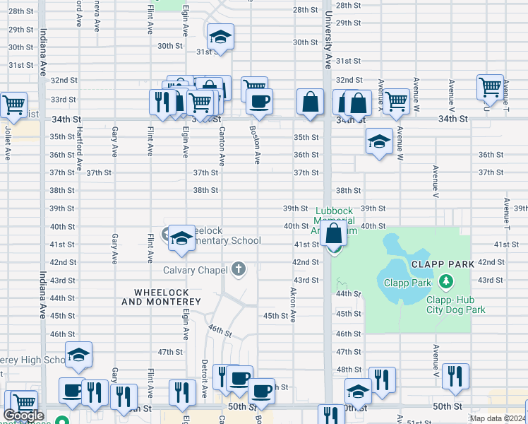 map of restaurants, bars, coffee shops, grocery stores, and more near 2617 39th Street in Lubbock
