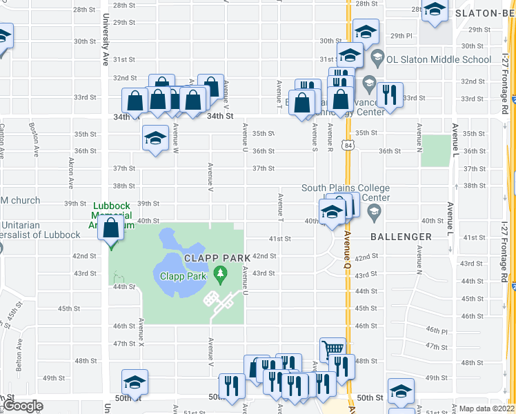 map of restaurants, bars, coffee shops, grocery stores, and more near 2013 39th Street in Lubbock
