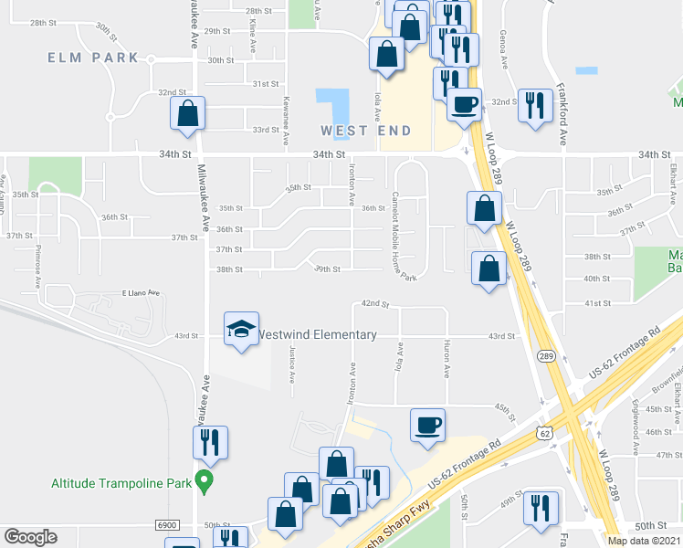 map of restaurants, bars, coffee shops, grocery stores, and more near 6127 39th Street in Lubbock