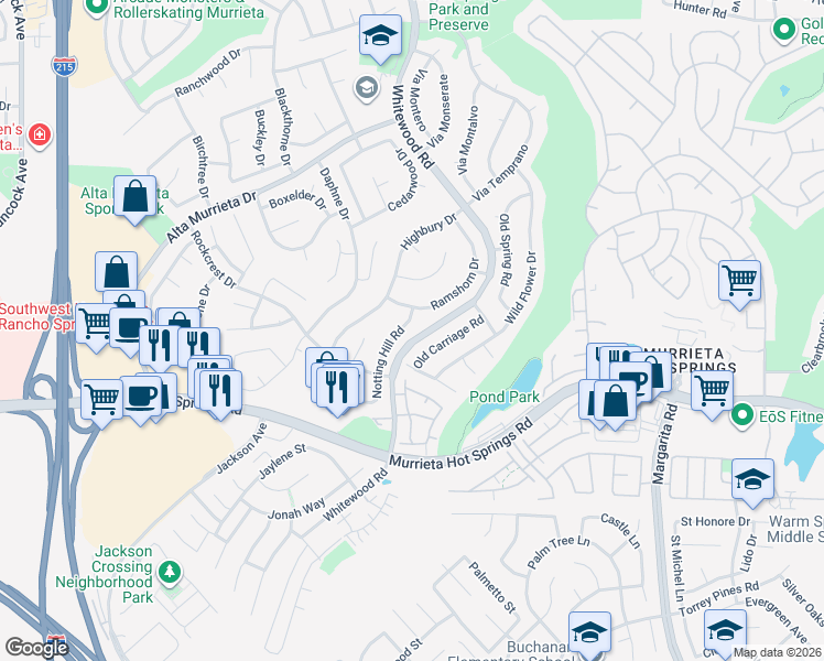 map of restaurants, bars, coffee shops, grocery stores, and more near 39804 Notting Hill Road in Murrieta