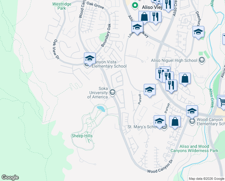 map of restaurants, bars, coffee shops, grocery stores, and more near 1 University Drive in Aliso Viejo