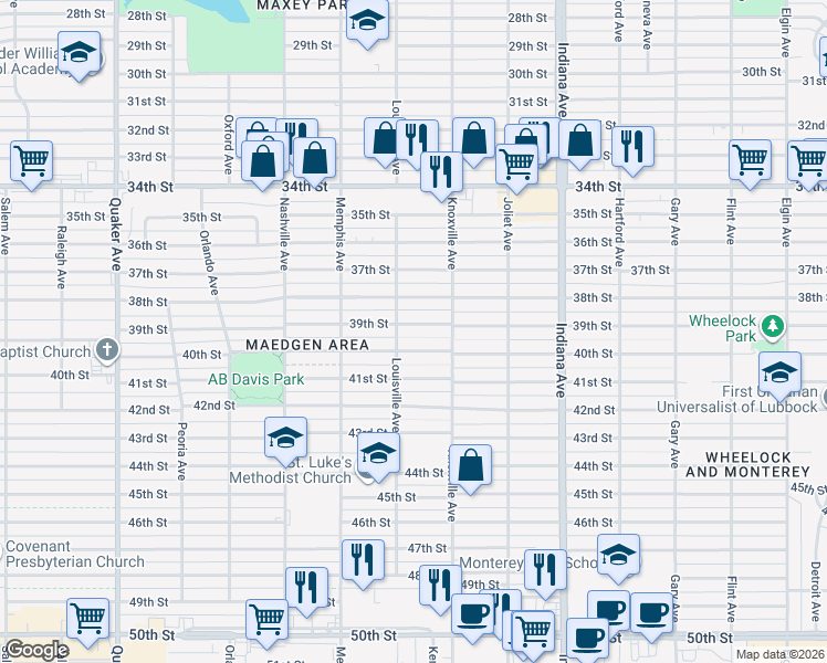 map of restaurants, bars, coffee shops, grocery stores, and more near 3611 39th Street in Lubbock