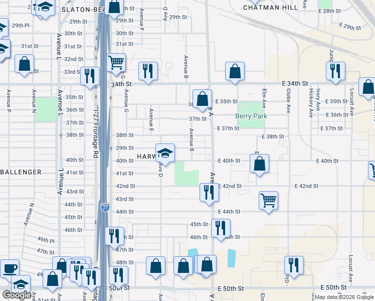 map of restaurants, bars, coffee shops, grocery stores, and more near 310 40th Street in Lubbock