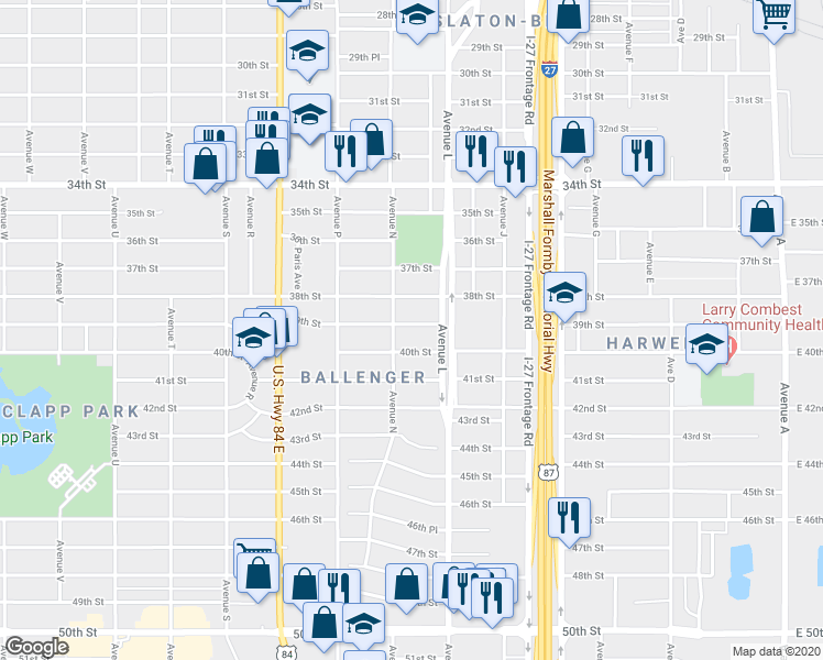 map of restaurants, bars, coffee shops, grocery stores, and more near 1310 40th Street in Lubbock