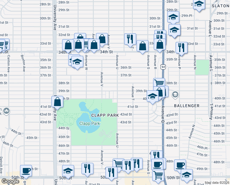 map of restaurants, bars, coffee shops, grocery stores, and more near 3920 Avenue U in Lubbock