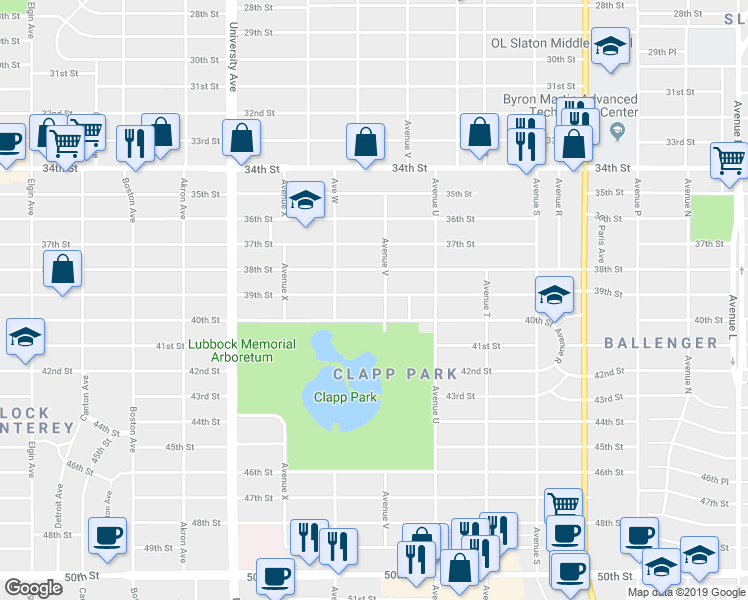 map of restaurants, bars, coffee shops, grocery stores, and more near 2212 40th Street in Lubbock