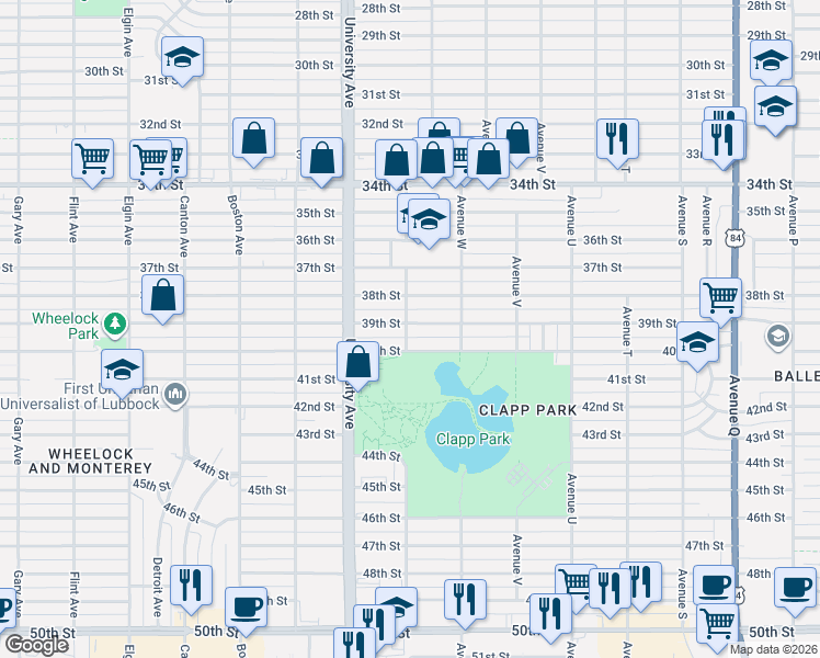 map of restaurants, bars, coffee shops, grocery stores, and more near 2320 40th Street in Lubbock