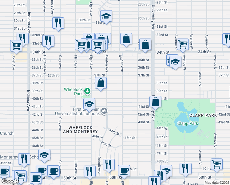 map of restaurants, bars, coffee shops, grocery stores, and more near 2708 40th Street in Lubbock