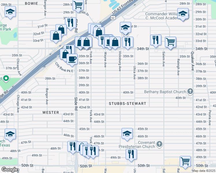 map of restaurants, bars, coffee shops, grocery stores, and more near 4916 40th Street in Lubbock