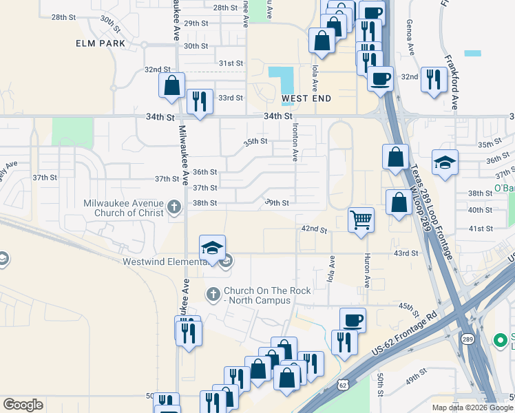 map of restaurants, bars, coffee shops, grocery stores, and more near 6143 38th St in Lubbock