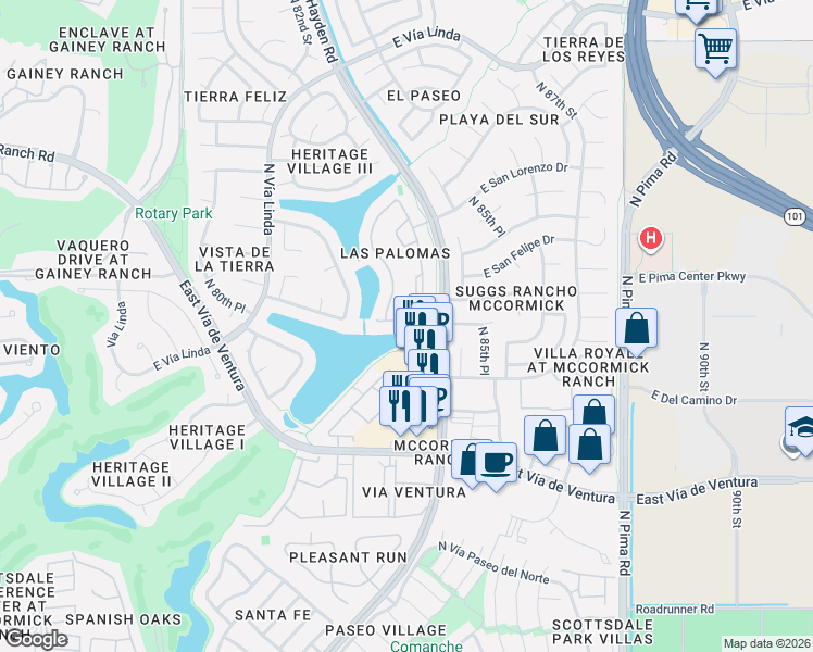 map of restaurants, bars, coffee shops, grocery stores, and more near 8300 North Hayden Road in Scottsdale