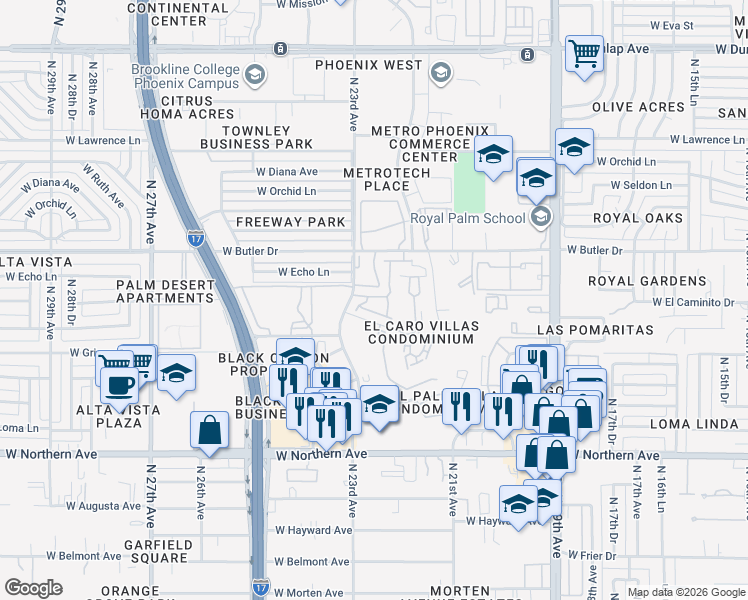 map of restaurants, bars, coffee shops, grocery stores, and more near 2218-2298 W El Caminito Dr in Phoenix