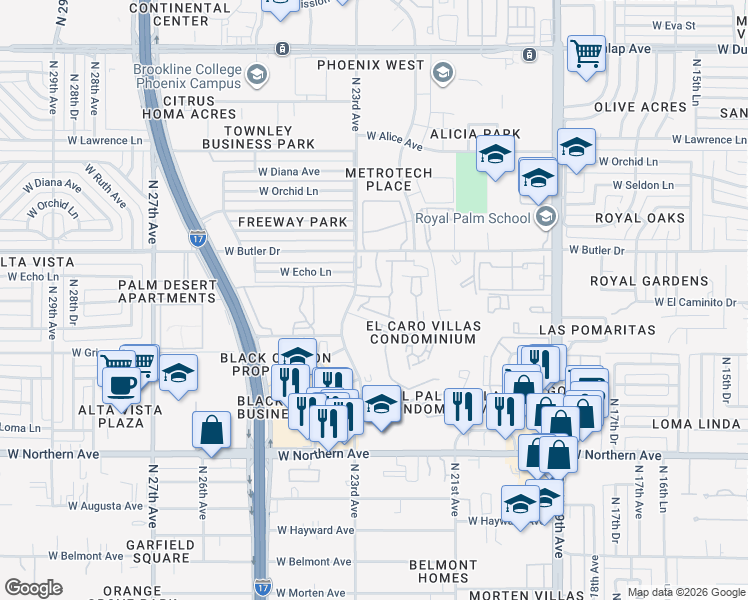 map of restaurants, bars, coffee shops, grocery stores, and more near 2218-2298 W El Caminito Dr in Phoenix