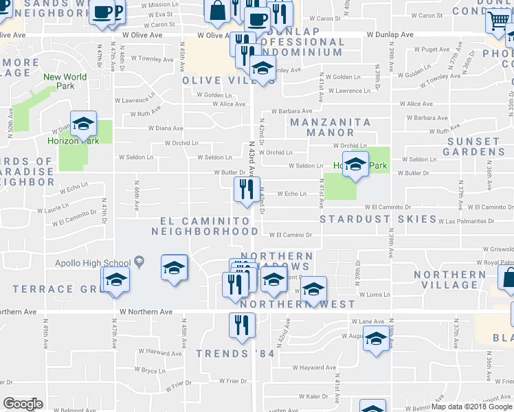 map of restaurants, bars, coffee shops, grocery stores, and more near 4303 West El Caminito Drive in Glendale