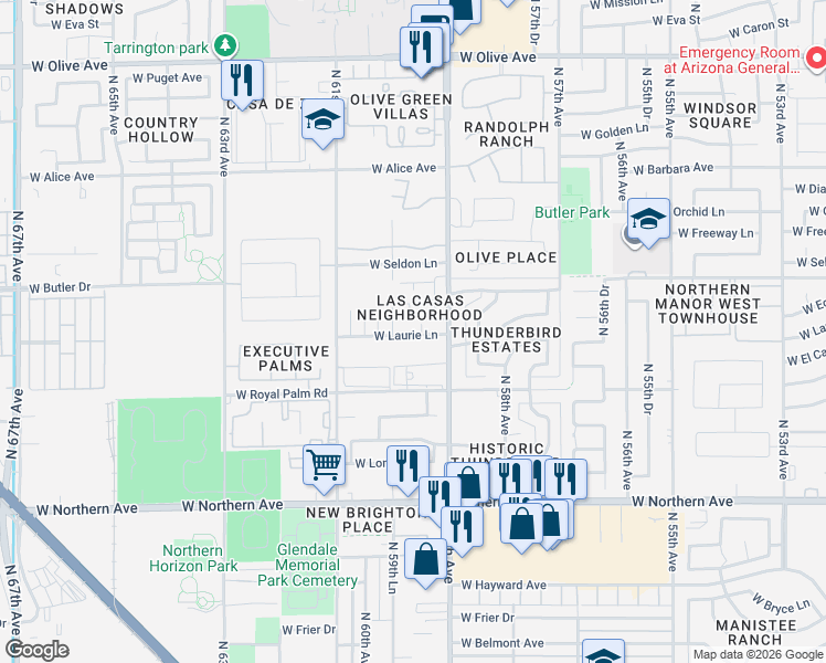 map of restaurants, bars, coffee shops, grocery stores, and more near 8232 North 59th Avenue in Glendale