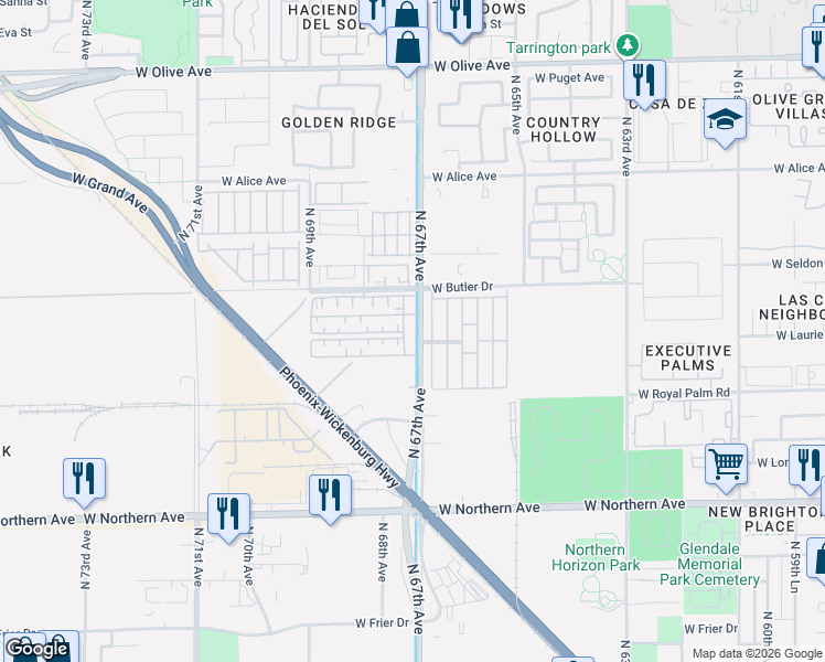 map of restaurants, bars, coffee shops, grocery stores, and more near in Glendale