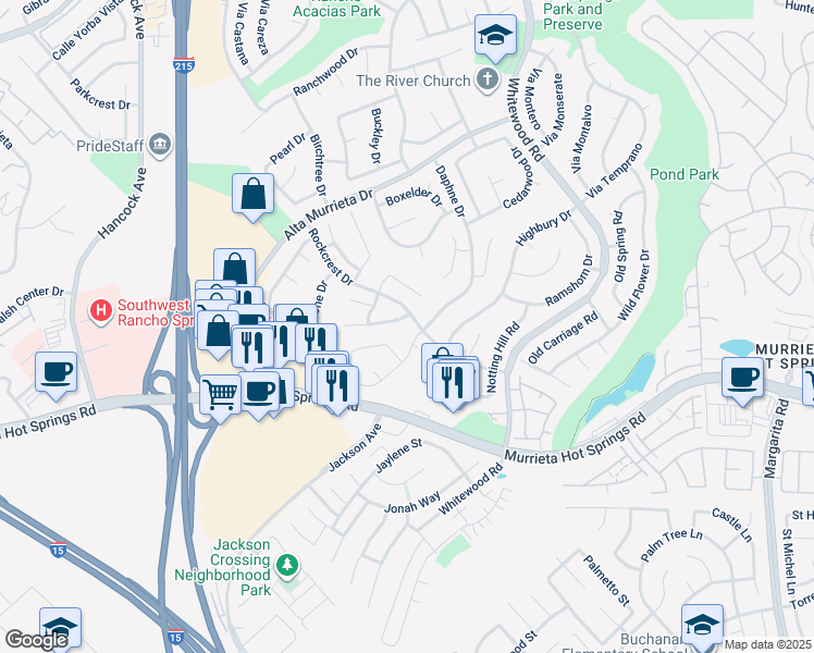map of restaurants, bars, coffee shops, grocery stores, and more near 25970 Monaco Way in Murrieta