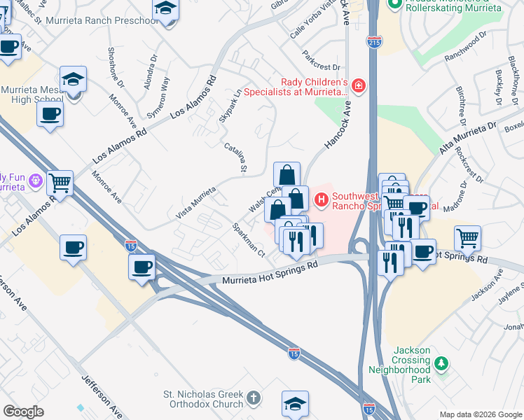 map of restaurants, bars, coffee shops, grocery stores, and more near 40680 Walsh Center Drive in Murrieta