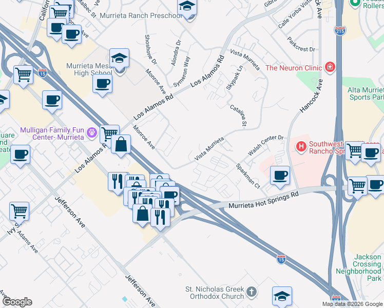 map of restaurants, bars, coffee shops, grocery stores, and more near 40936 Vista Murrieta in Murrieta
