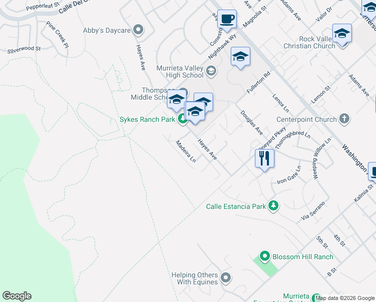 map of restaurants, bars, coffee shops, grocery stores, and more near 24150 Madeira Lane in Murrieta