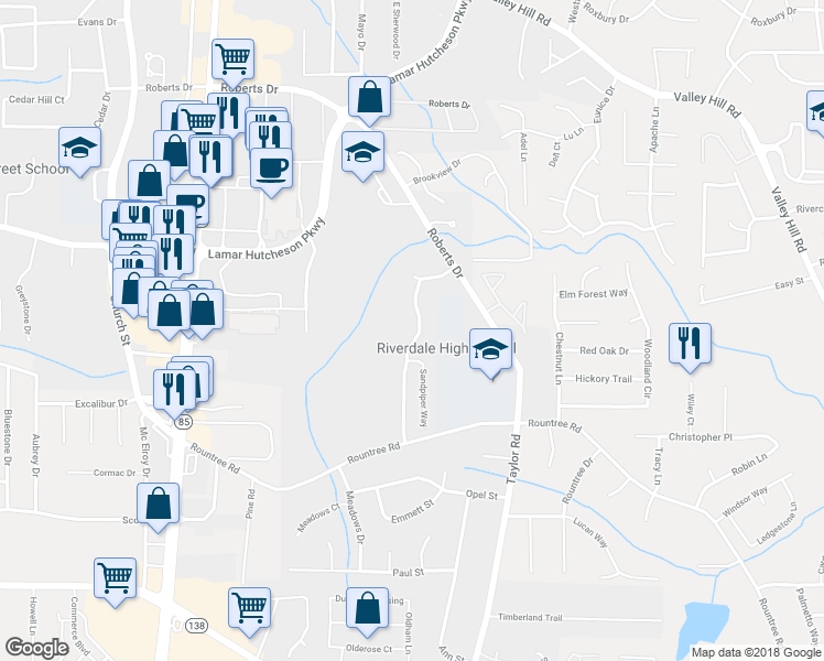 map of restaurants, bars, coffee shops, grocery stores, and more near 7210 Williamsburg Drive in Riverdale