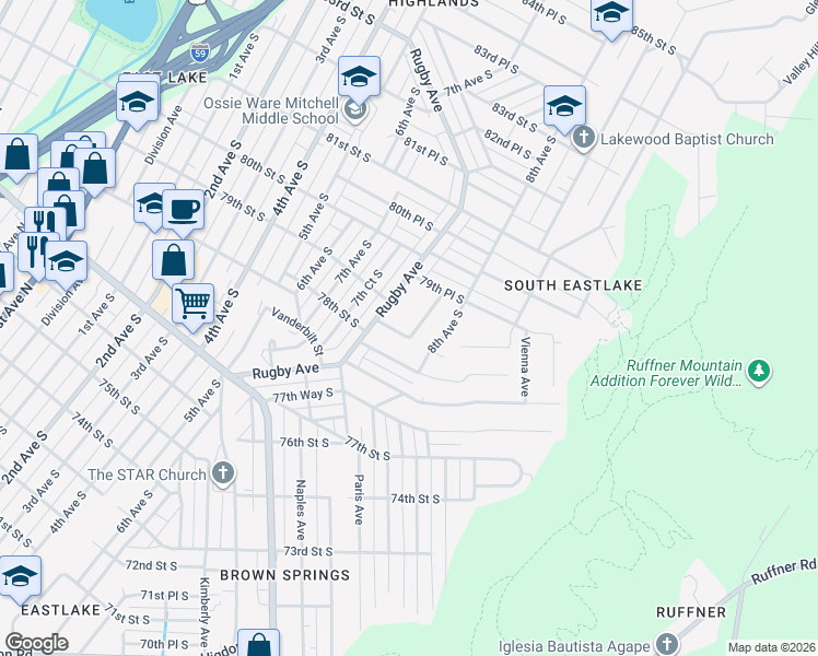 map of restaurants, bars, coffee shops, grocery stores, and more near 7808 8th Avenue South in Birmingham