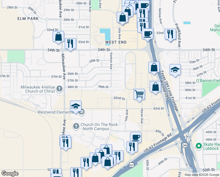 map of restaurants, bars, coffee shops, grocery stores, and more near 6131 39th Street in Lubbock