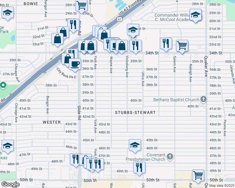 map of restaurants, bars, coffee shops, grocery stores, and more near 4916 40th Street in Lubbock
